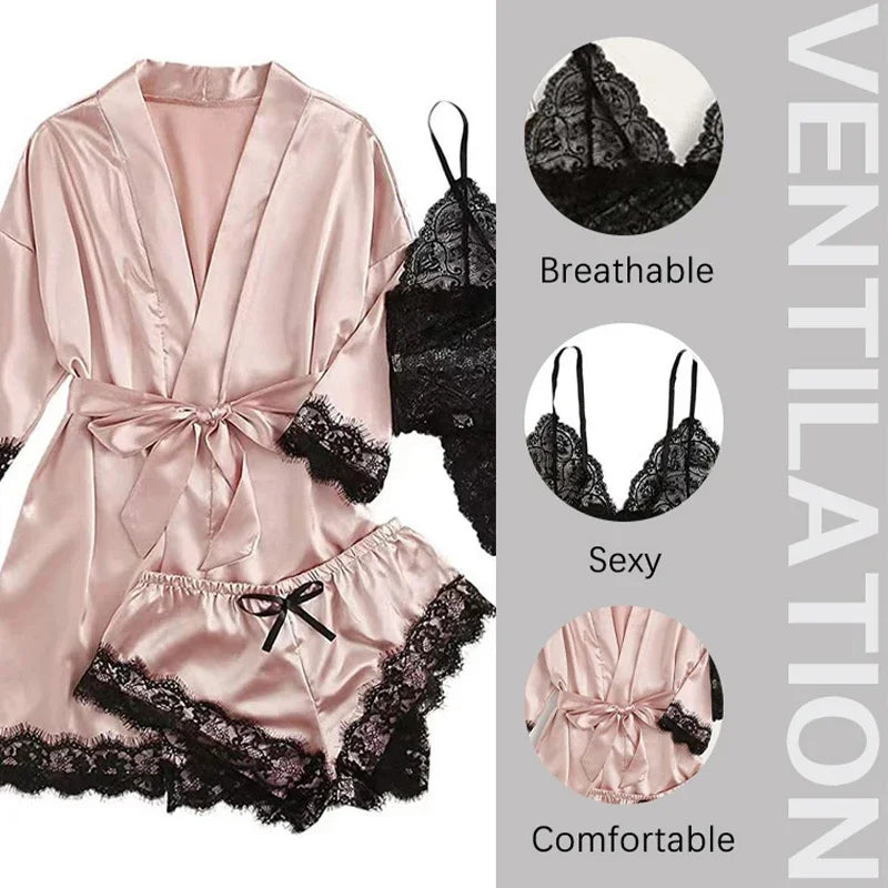 4-Piece Women’s Silk Satin Pajama Set with Robe | Sexy Lace Lingerie & Nightwear