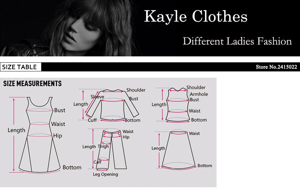 Kayle Clothes size chart for different clothing items with a woman's face in the top left corner.