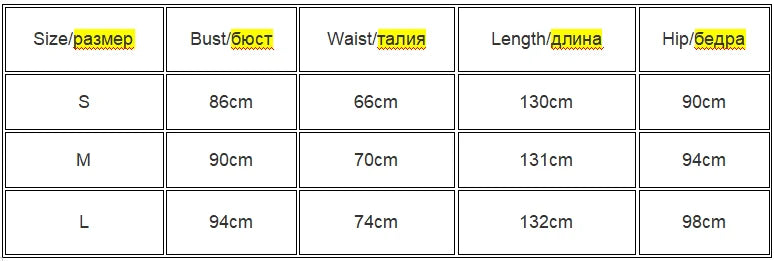 Size chart for clothing with measurements in centimeters