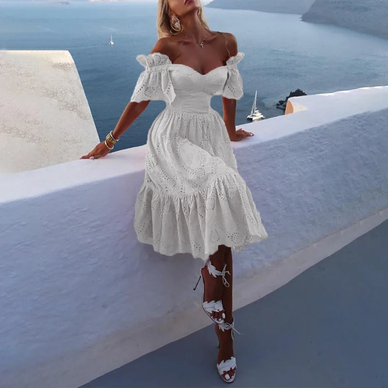 Off-Shoulder Mid-Calf Dress | Elegant V-Neck High Waist Slim Fit Women’s Outfit