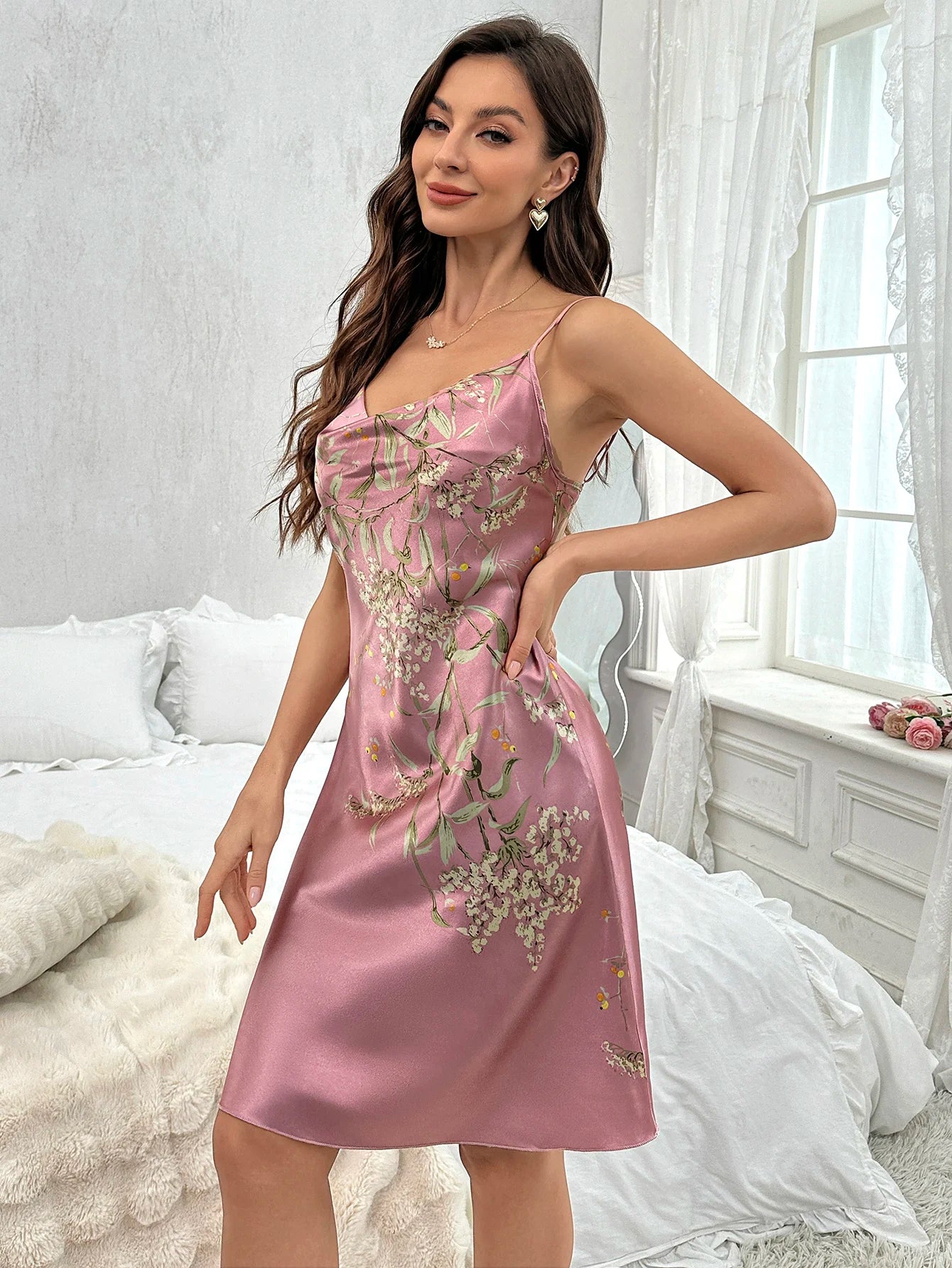 Floral V-Neck Nightdress | Sexy Spaghetti Strap Sleep Dress for Women
