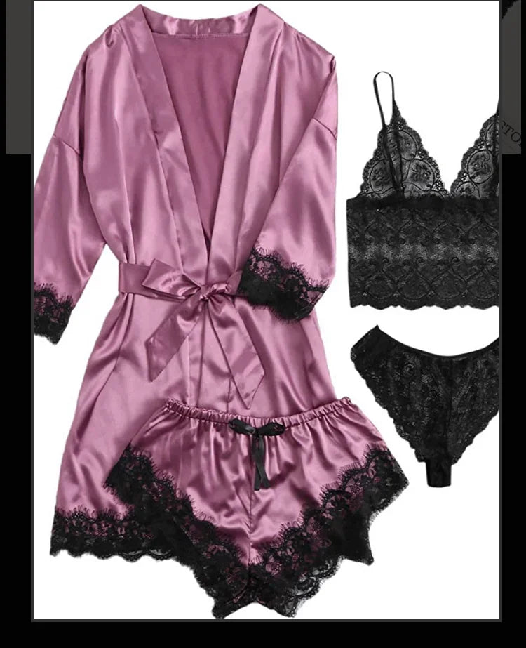 4-Piece Women’s Silk Satin Pajama Set with Robe | Sexy Lace Lingerie & Nightwear