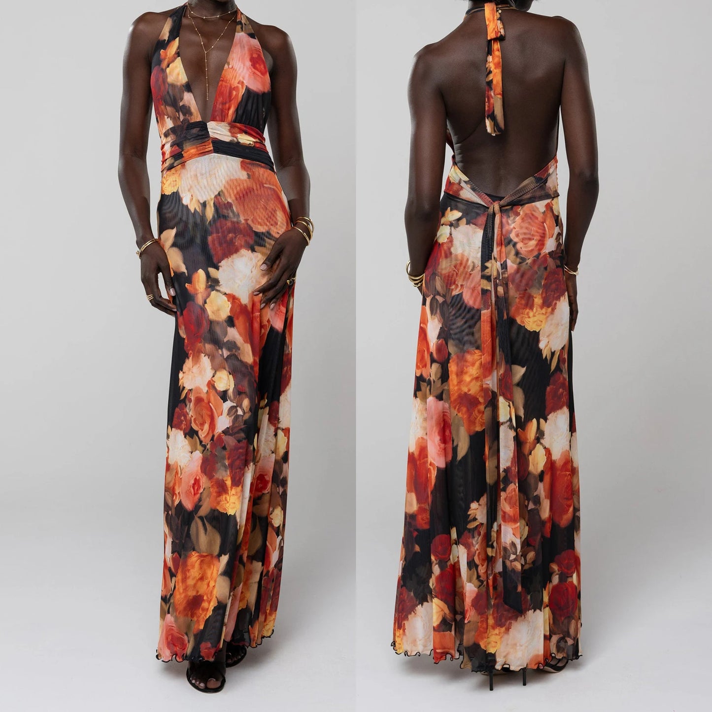 Women’s Summer Halter Maxi Dress – Sleeveless V-Neck Backless Ruffle Hem