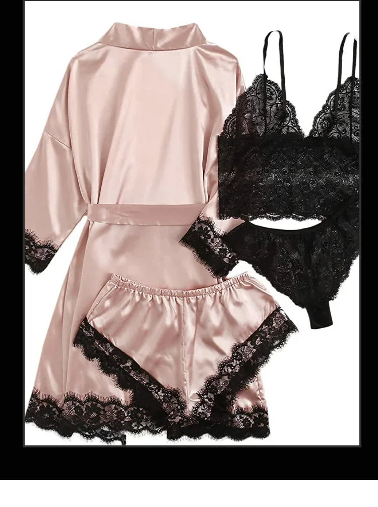 4-Piece Women’s Silk Satin Pajama Set with Robe | Sexy Lace Lingerie & Nightwear