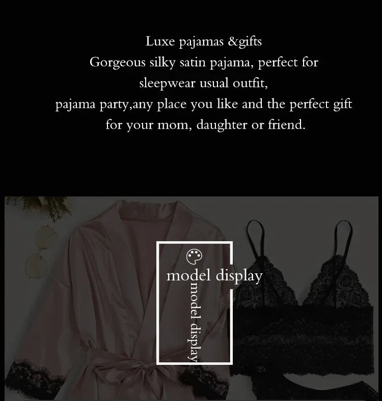 4-Piece Women’s Silk Satin Pajama Set with Robe | Sexy Lace Lingerie & Nightwear