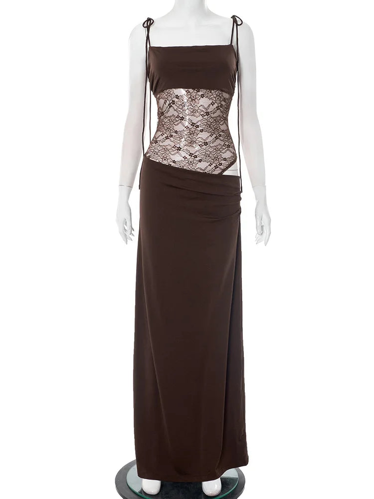 Lace Cut-Out Spaghetti Strap Maxi Dress | Backless Slim Fit 2025