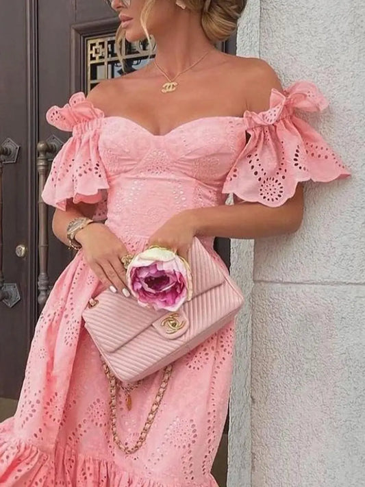 Off-Shoulder Mid-Calf Dress | Elegant V-Neck High Waist Slim Fit Women’s Outfit