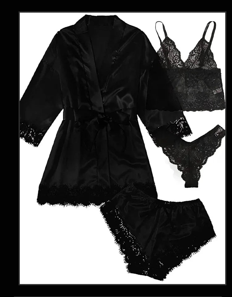 4-Piece Women’s Silk Satin Pajama Set with Robe | Sexy Lace Lingerie & Nightwear