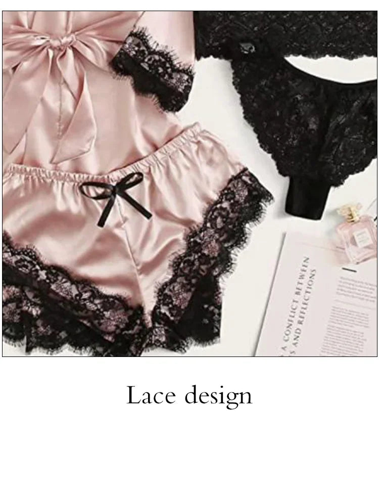 4-Piece Women’s Silk Satin Pajama Set with Robe | Sexy Lace Lingerie & Nightwear