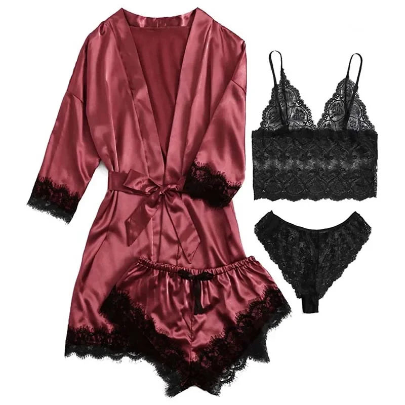 4-Piece Women’s Silk Satin Pajama Set with Robe | Sexy Lace Lingerie & Nightwear