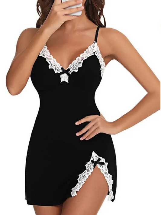 Black nightgown with white lace details on a white background