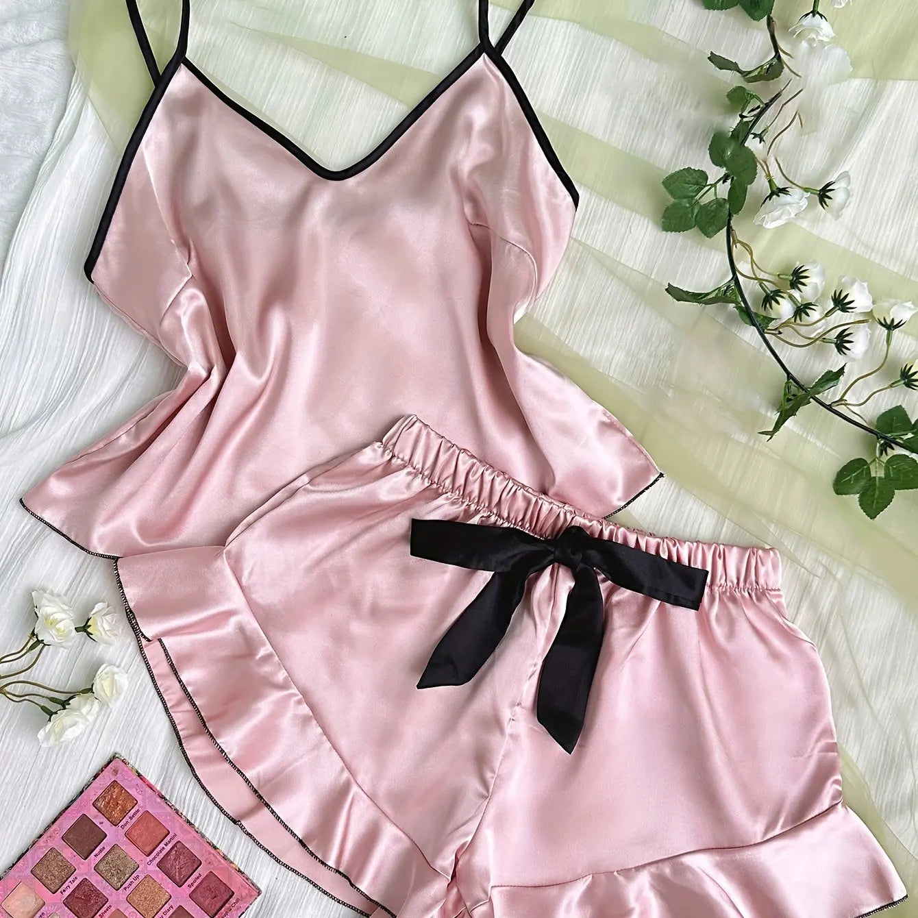 Women’s Satin Pajama Set | V-Neck Sleeveless Top with Ruffled Edges & Bow Shorts