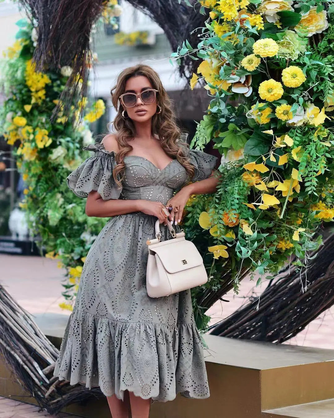Off-Shoulder Mid-Calf Dress | Elegant V-Neck High Waist Slim Fit Women’s Outfit