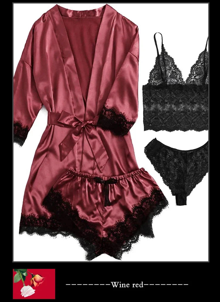 4-Piece Women’s Silk Satin Pajama Set with Robe | Sexy Lace Lingerie & Nightwear