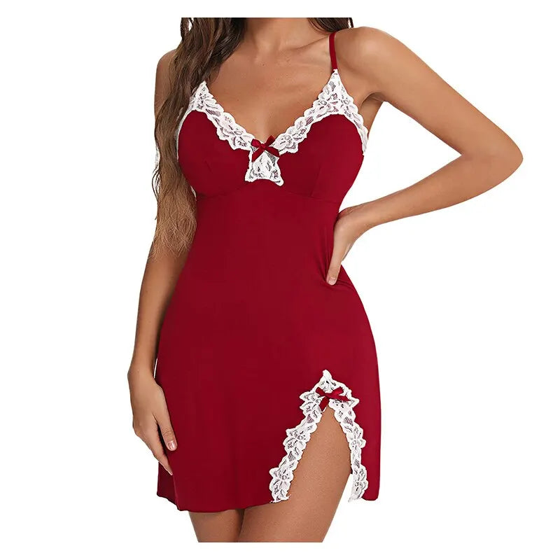 Red nightgown with white lace details on a white background