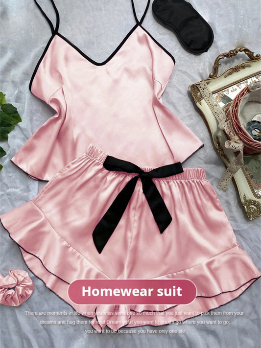Women’s Satin Pajama Set | V-Neck Sleeveless Top with Ruffled Edges & Bow Shorts