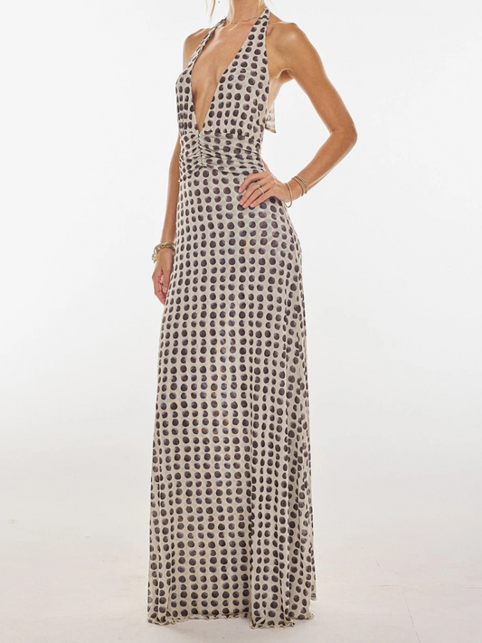 Women’s Summer Halter Maxi Dress – Sleeveless V-Neck Backless Ruffle Hem